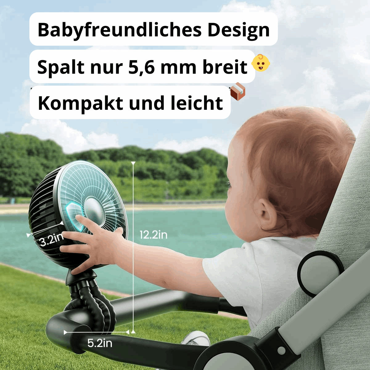 Leiser Tragbarer 4000 mAh Kinderwagen Ventilator , 360° drehbar wiederaufladbar, abnehmbar, mit LED und flexiblem Stativ für Laufband, Kinderbett, Autositz